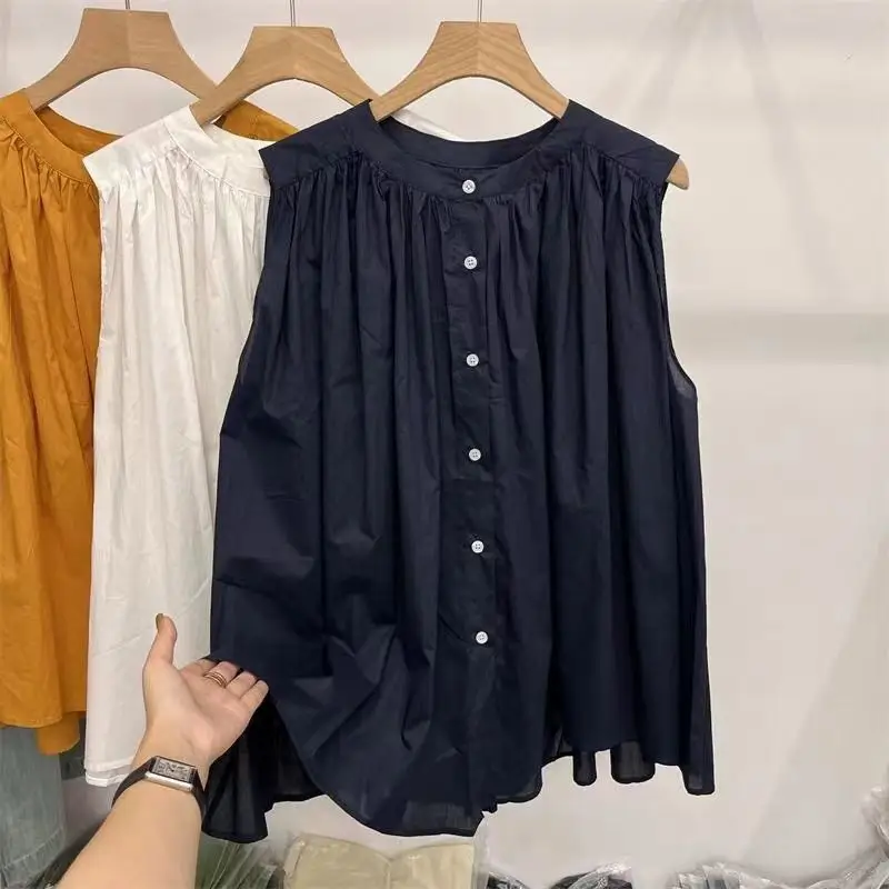 春夏無袖寬鬆版型素色襯衫 減齡顯瘦高級氣質感