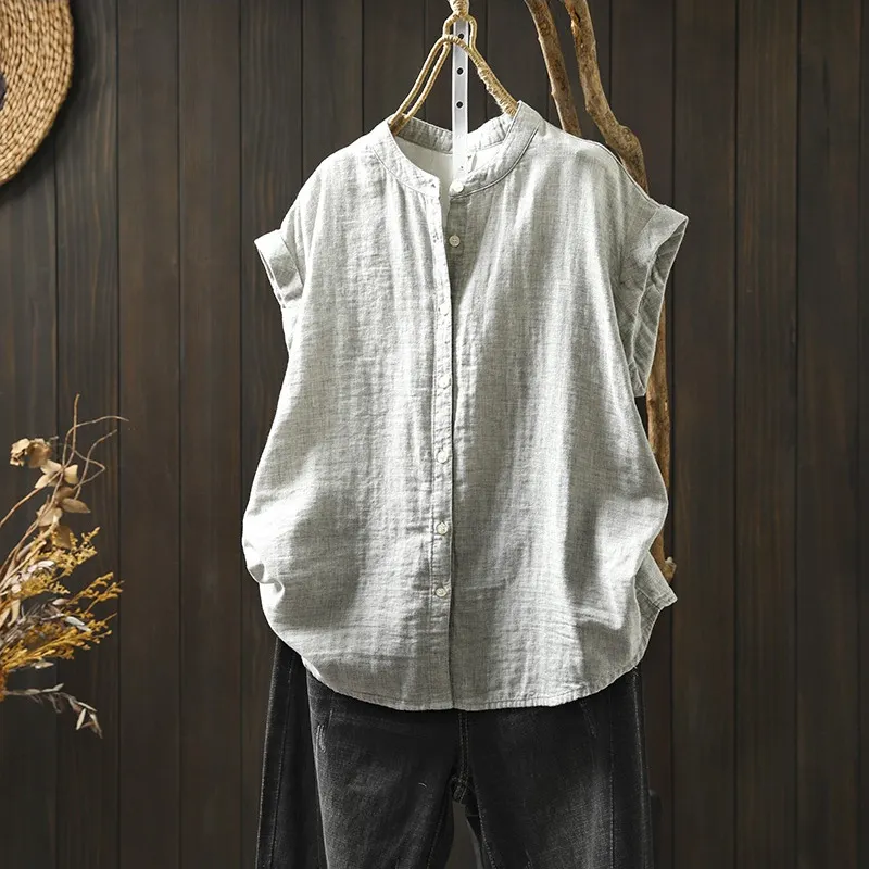 新款日系立領軟糯襯衫 短袖純棉雙層棉紗 無袖翻邊親膚短袖襯衫