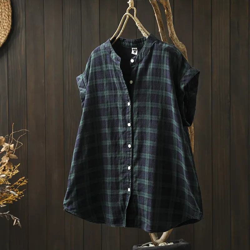 新款日系立領軟糯襯衫 短袖純棉雙層棉紗 無袖翻邊親膚短袖襯衫