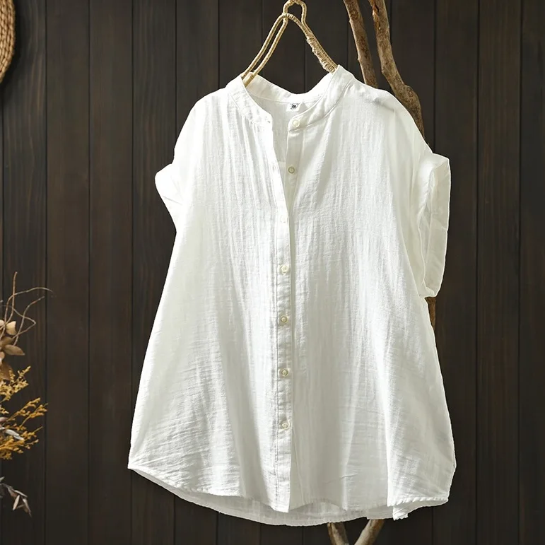 新款日系立領軟糯襯衫 短袖純棉雙層棉紗 無袖翻邊親膚短袖襯衫