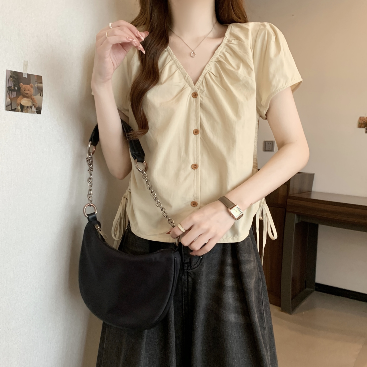 設計感皺皺v領短袖襯衫 顯瘦寬鬆百搭抽繩短款上衣