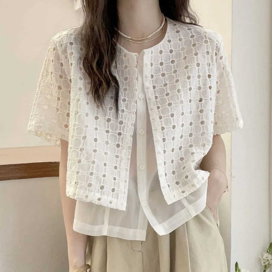 時髦率性 休閒開襟防曬衫 設計感薄款外搭 假兩件短袖襯衫