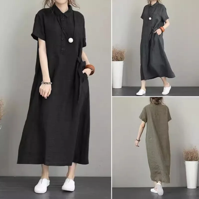 簡約好搭 日式素面棉麻翻領連身裙 短袖寬鬆休閒洋裝 顯瘦長款