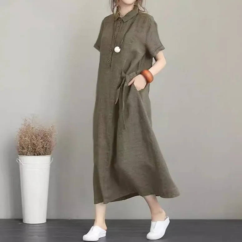 簡約好搭 日式素面棉麻翻領連身裙 短袖寬鬆休閒洋裝 顯瘦長款