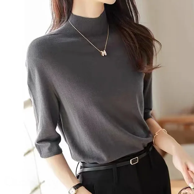 氣質優雅半高領針織衫-早春純色中袖套頭設計 百搭時尚