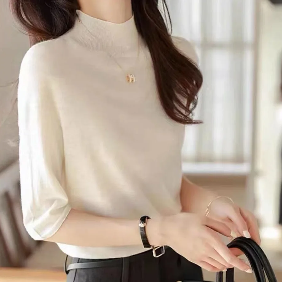氣質優雅半高領針織衫-早春純色中袖套頭設計 百搭時尚