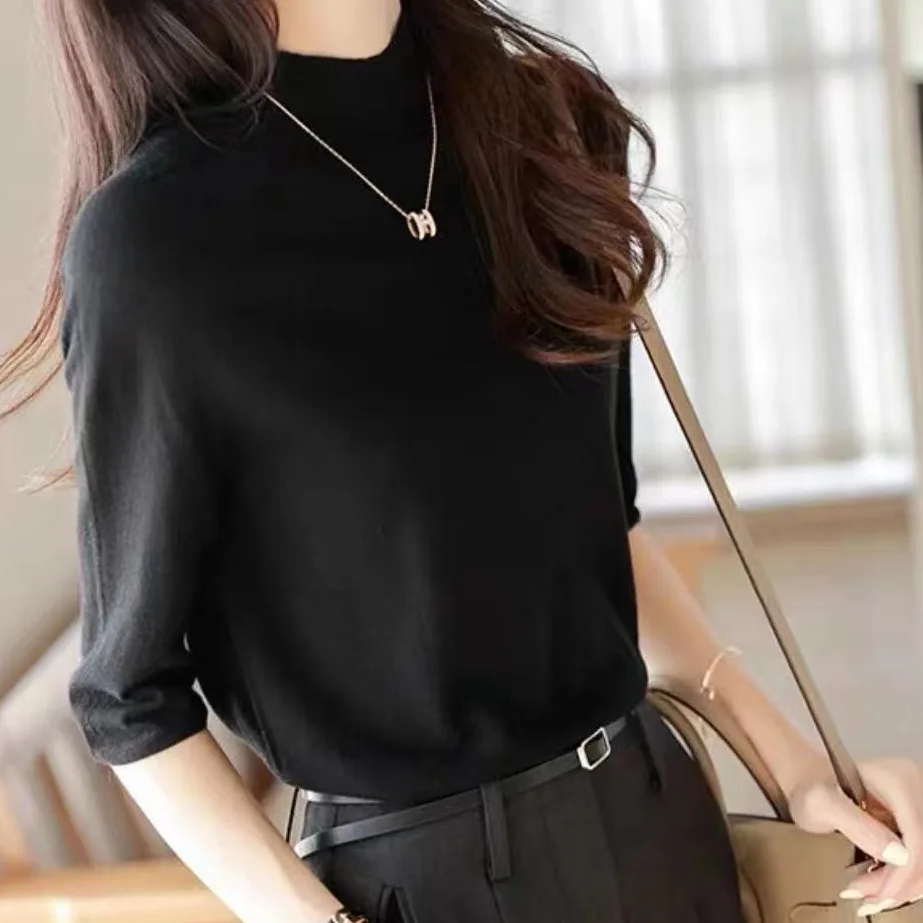 氣質優雅半高領針織衫-早春純色中袖套頭設計 百搭時尚