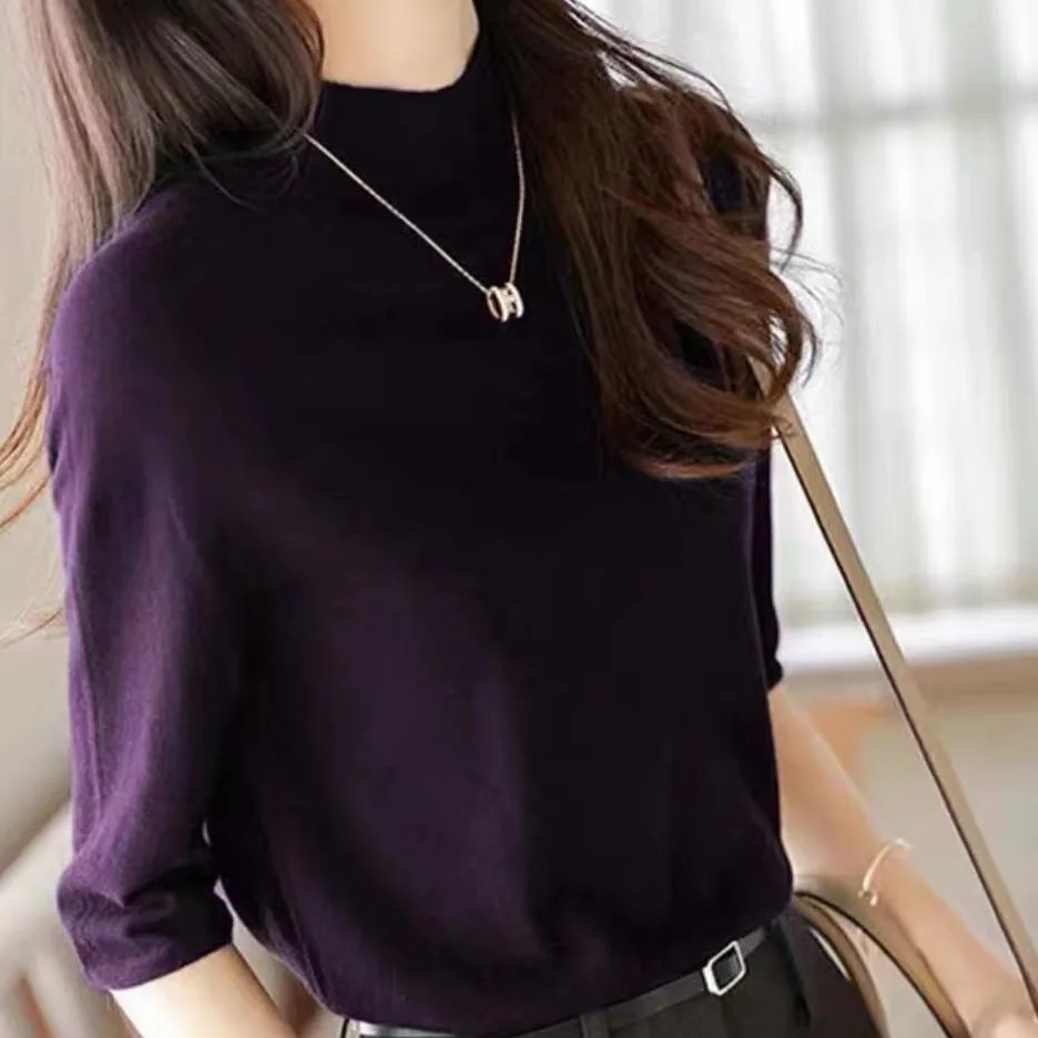 氣質優雅半高領針織衫-早春純色中袖套頭設計 百搭時尚