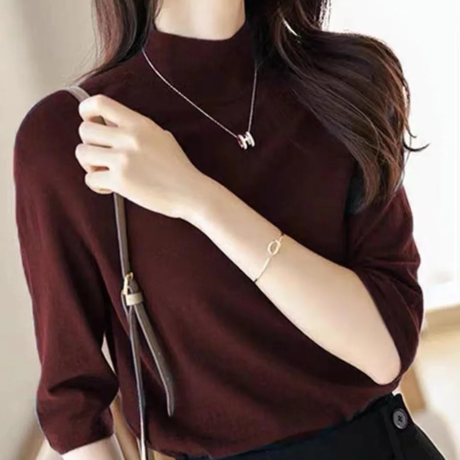 氣質優雅半高領針織衫-早春純色中袖套頭設計 百搭時尚