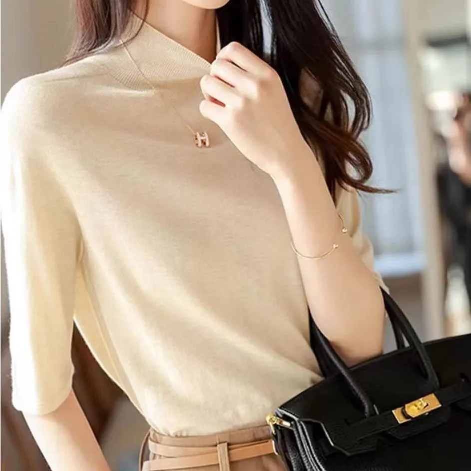 氣質優雅半高領針織衫-早春純色中袖套頭設計 百搭時尚