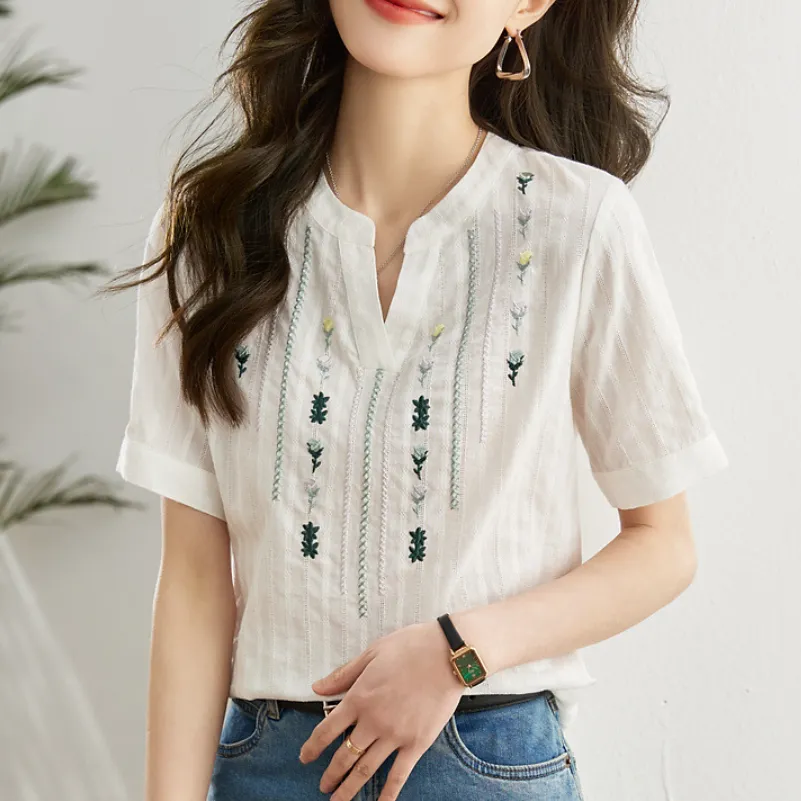 簡約純棉刺繡白色襯衫 百搭短袖寬鬆民族風V領上衣