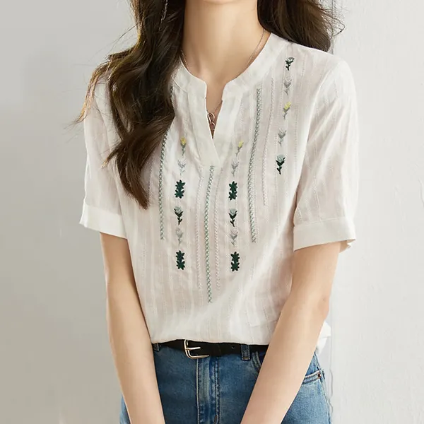 簡約純棉刺繡白色襯衫 百搭短袖寬鬆民族風V領上衣