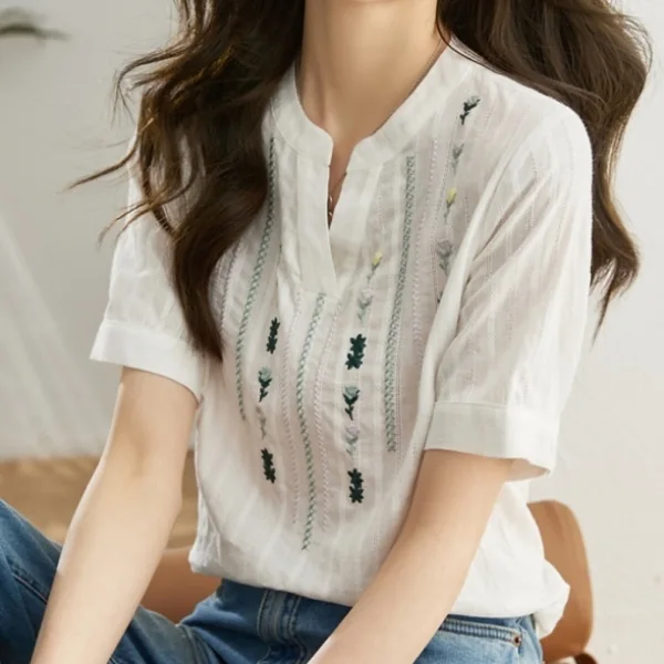 簡約純棉刺繡白色襯衫 百搭短袖寬鬆民族風V領上衣