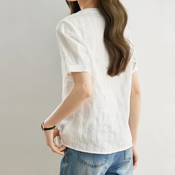 簡約純棉刺繡白色襯衫 百搭短袖寬鬆民族風V領上衣