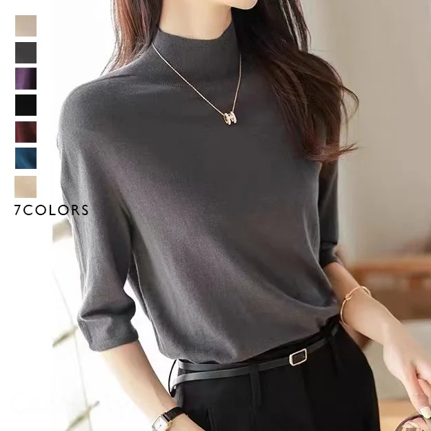 氣質優雅半高領針織衫-早春純色中袖套頭設計 百搭時尚