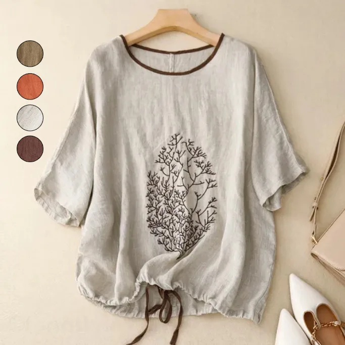 簡約·文藝寬鬆刺繡花棉麻抽繩上衣 短袖T恤