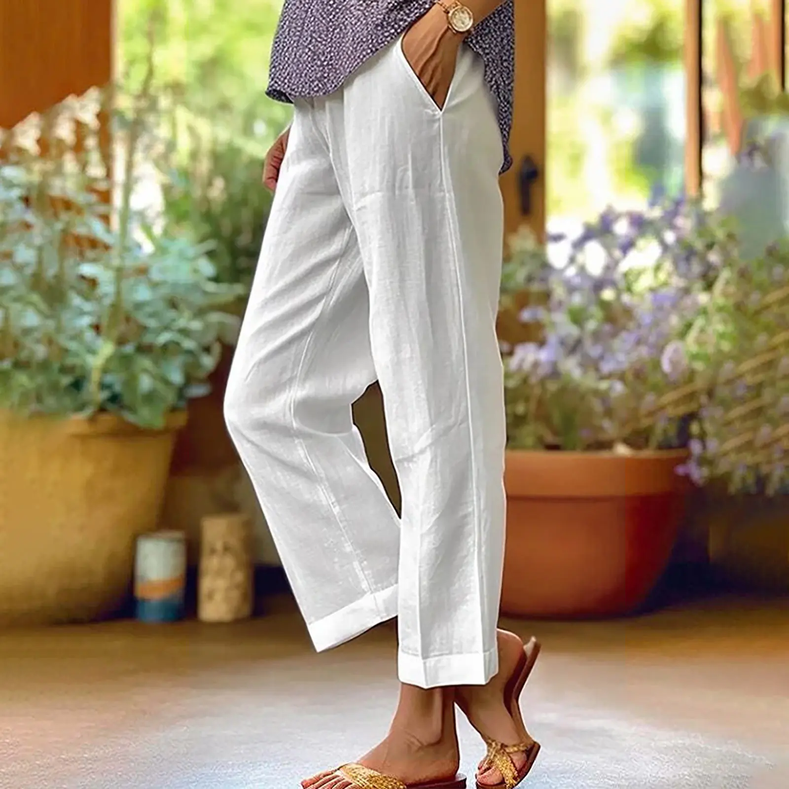 【12色可選】棉麻寬鬆素面鬆緊腰口袋直筒休閒褲