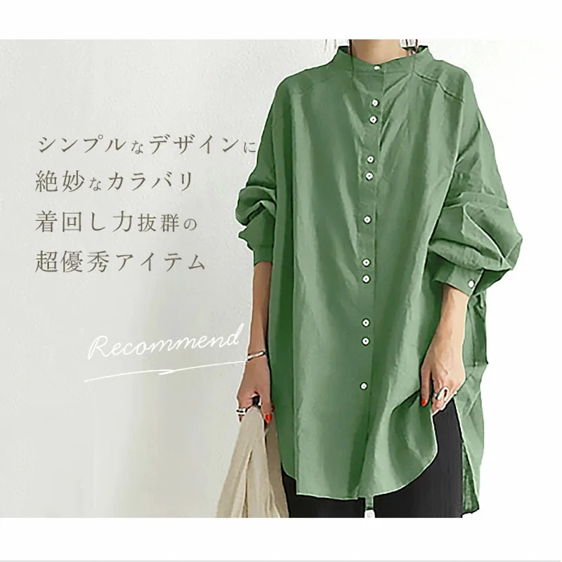 6色復古立領單排扣長袖襯衫 休閒寬鬆素面打底襯衫