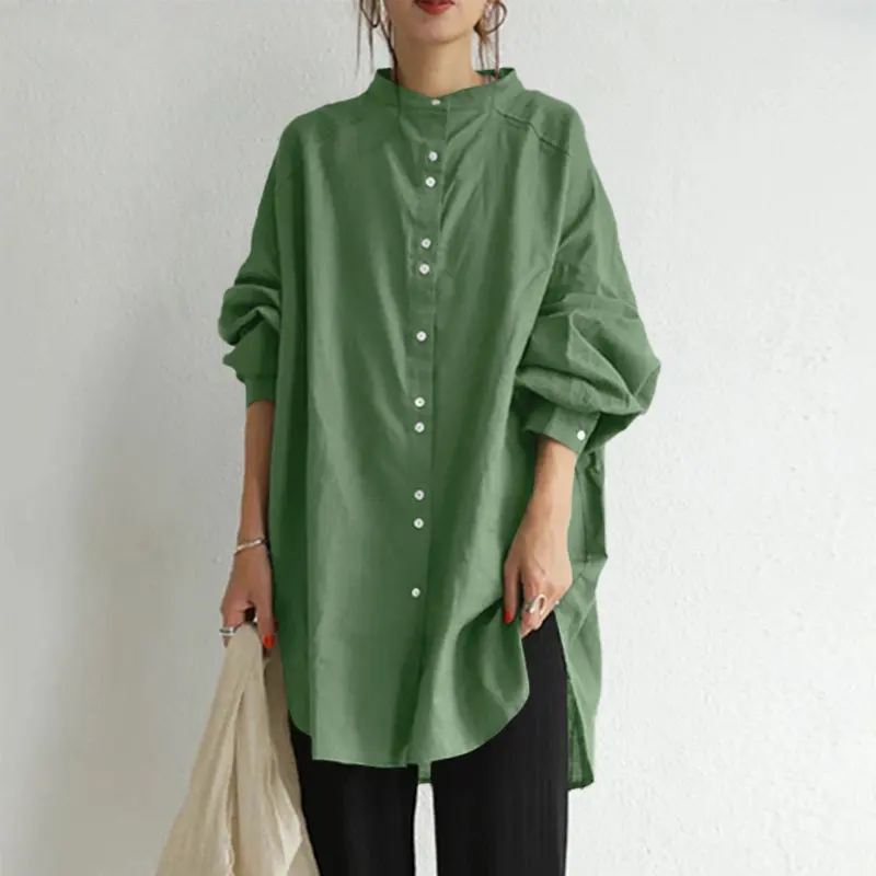 6色復古立領單排扣長袖襯衫 休閒寬鬆素面打底襯衫