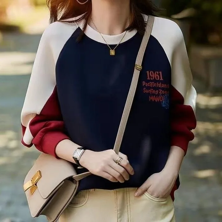 秋季拼接長袖上衣 寬鬆時尚圓領T恤