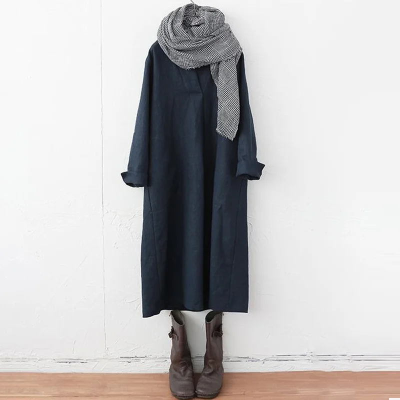 秋冬日系寬鬆純色連身裙-氣質通勤長裙