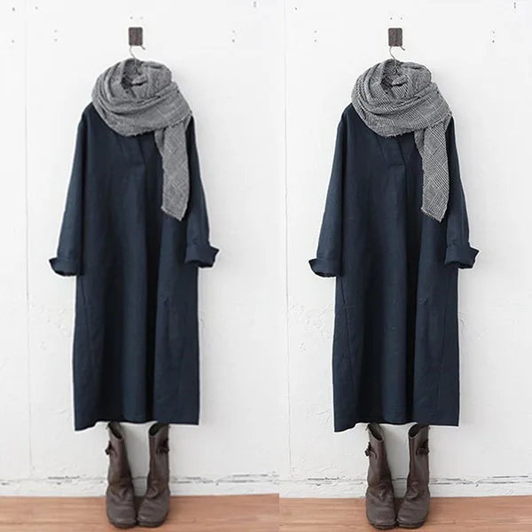 秋冬日系寬鬆純色連身裙-氣質通勤長裙