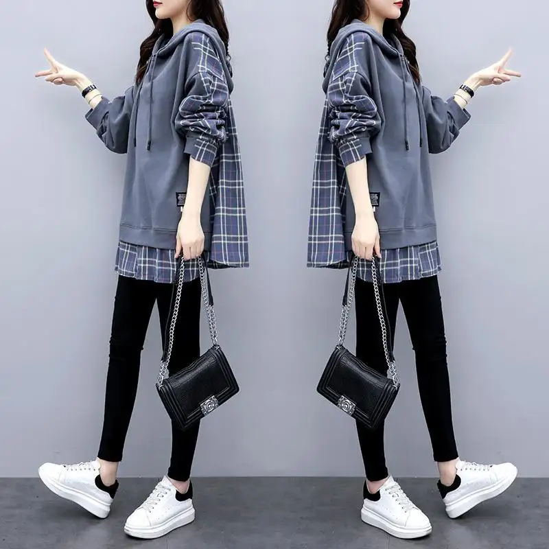 雙層設計薄款連帽上衣 格紋秋季韓版寬鬆大尺碼女裝