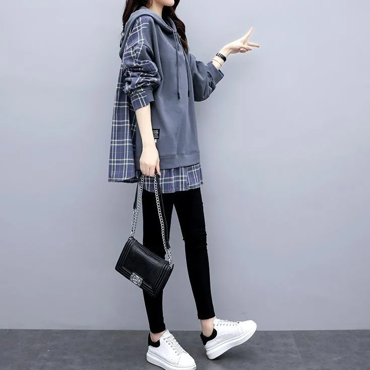 雙層設計薄款連帽上衣 格紋秋季韓版寬鬆大尺碼女裝