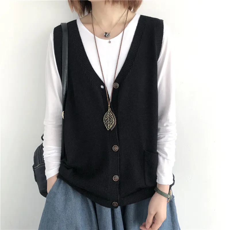 文藝復古V領針織背心-春秋寬鬆單排扣設計 大尺碼無袖上衣