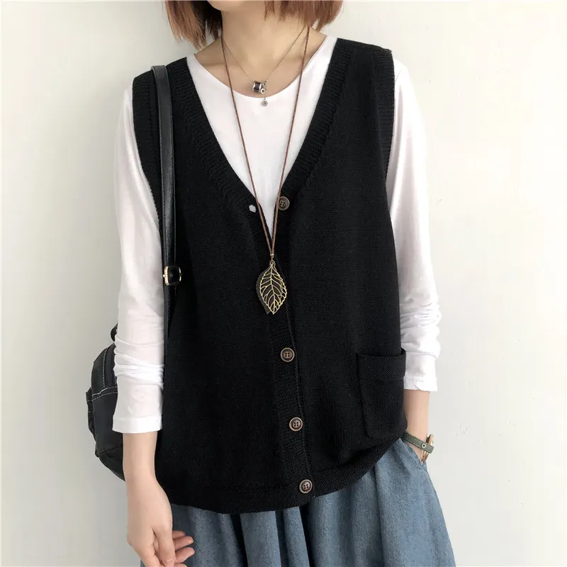 文藝復古V領針織背心-春秋寬鬆單排扣設計 大尺碼無袖上衣