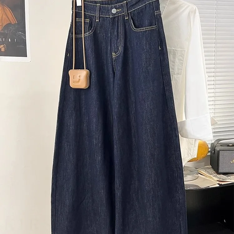 復古藍色寬鬆牛仔寬褲秋冬新款高腰韓版