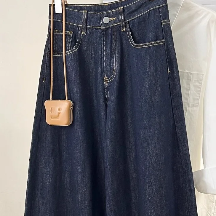 復古藍色寬鬆牛仔寬褲秋冬新款高腰韓版