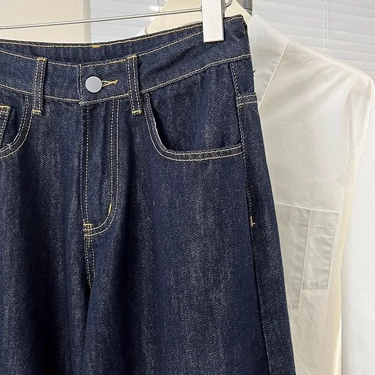 復古藍色寬鬆牛仔寬褲秋冬新款高腰韓版