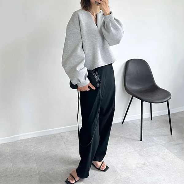 3色樂天日系寬鬆V領燈籠袖上衣-秋冬時尚百搭外套