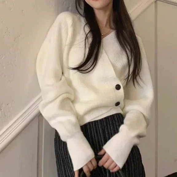 復古慵懶V領短版毛衣 秋冬設計感時尚針織上衣