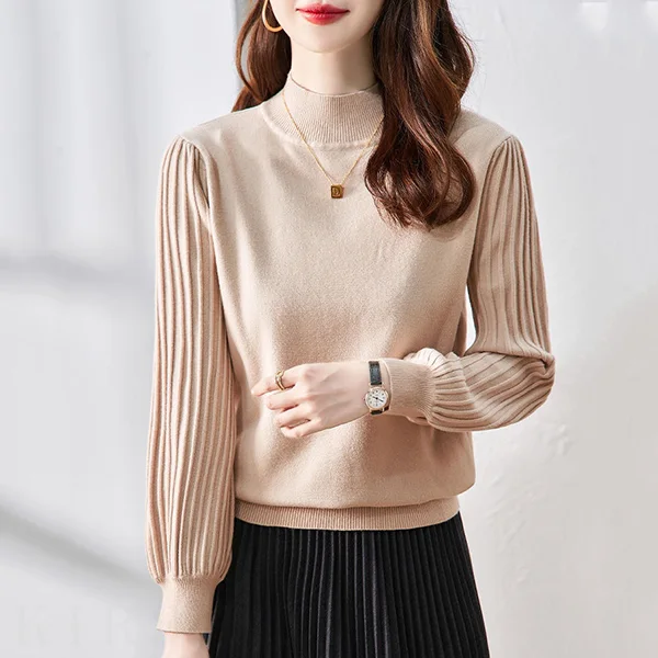 秋冬寬鬆高領上衣針織內搭泡泡袖保暖修身毛衣