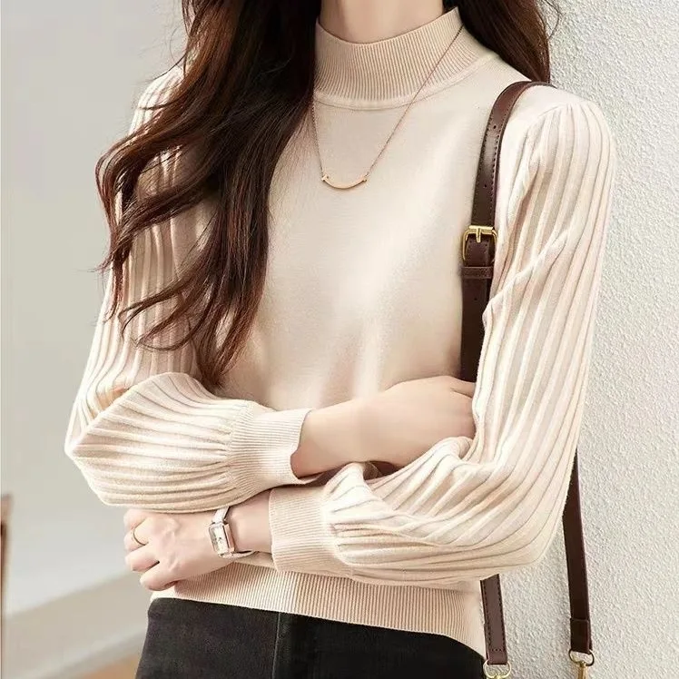 秋冬寬鬆高領上衣針織內搭泡泡袖保暖修身毛衣