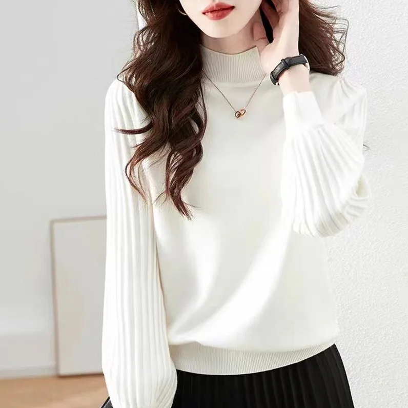 秋冬寬鬆高領上衣針織內搭泡泡袖保暖修身毛衣