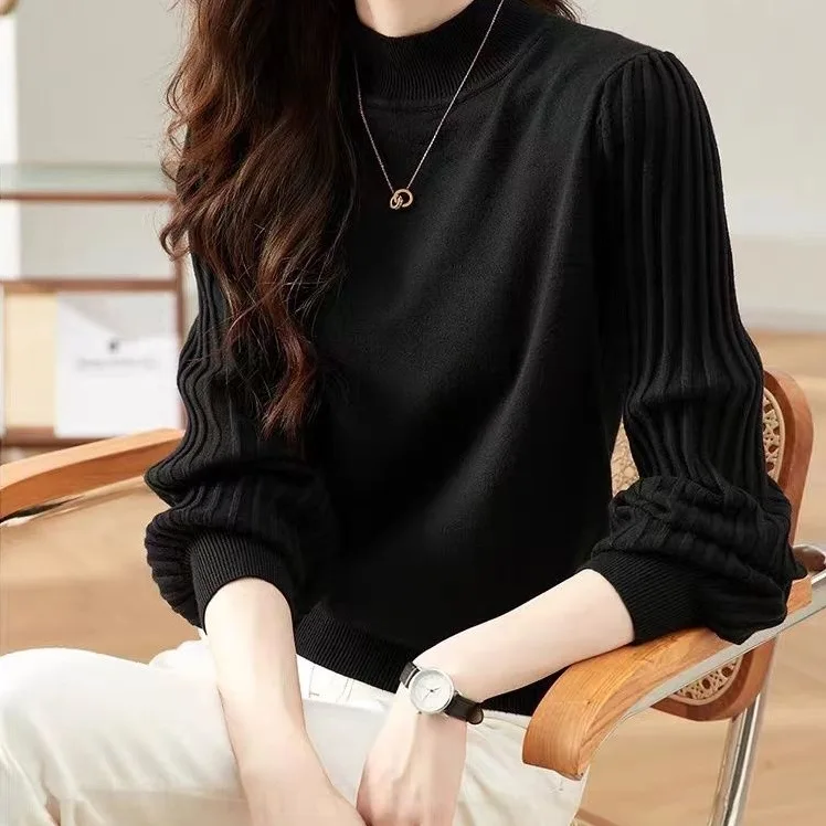 秋冬寬鬆高領上衣針織內搭泡泡袖保暖修身毛衣