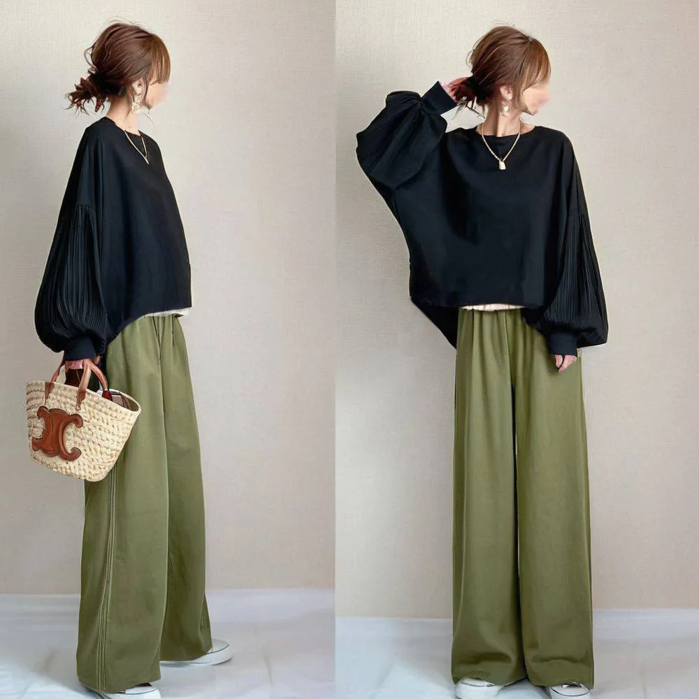 秋季圓領拼接燈籠袖上衣+寬褲長褲兩件式套裝