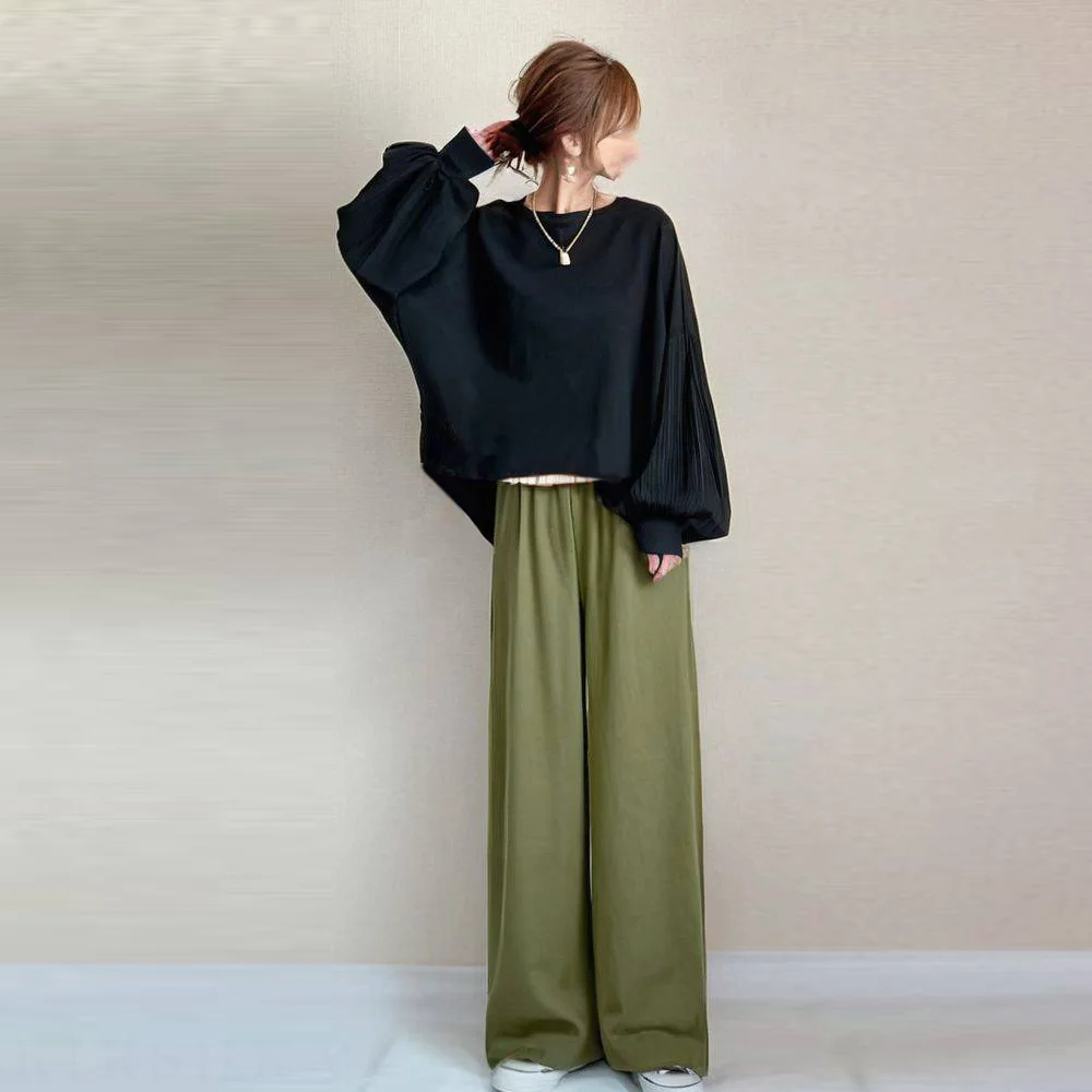 秋季圓領拼接燈籠袖上衣+寬褲長褲兩件式套裝
