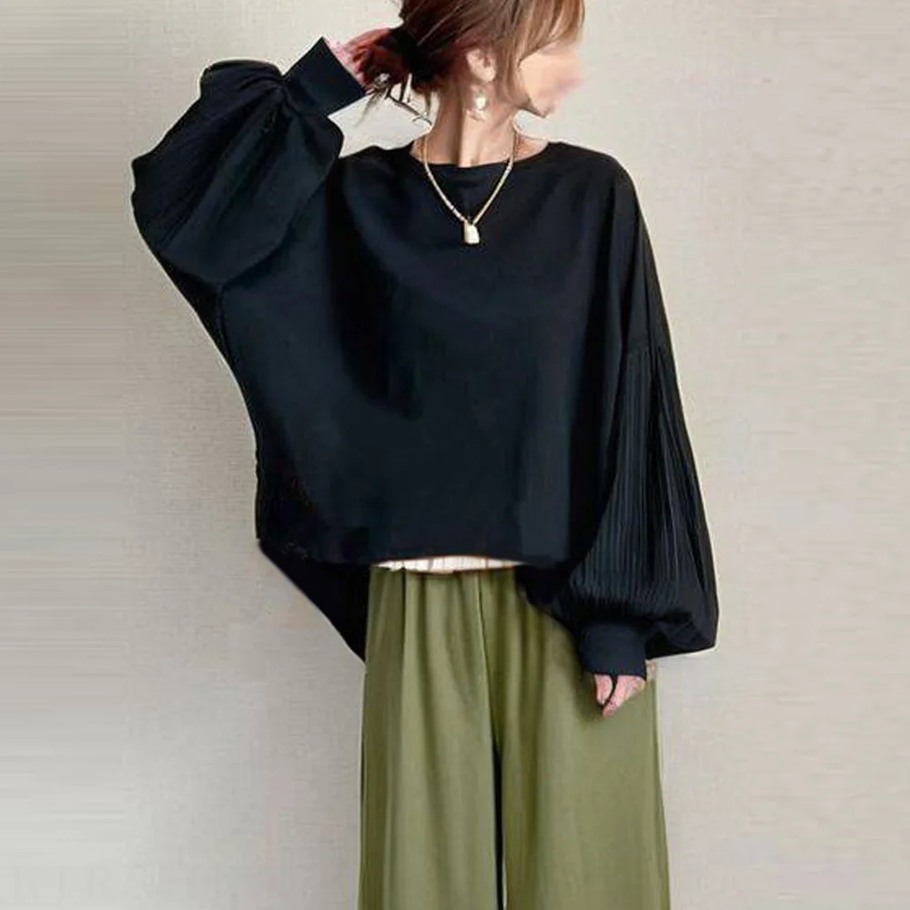 秋季圓領拼接燈籠袖上衣+寬褲長褲兩件式套裝