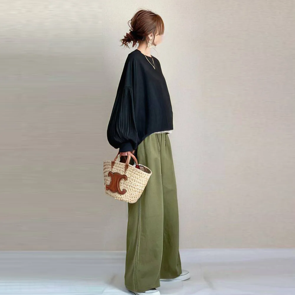 秋季圓領拼接燈籠袖上衣+寬褲長褲兩件式套裝