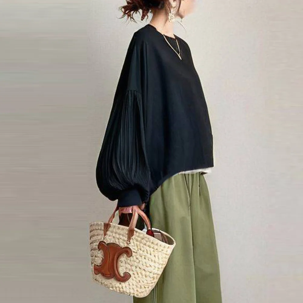 秋季圓領拼接燈籠袖上衣+寬褲長褲兩件式套裝