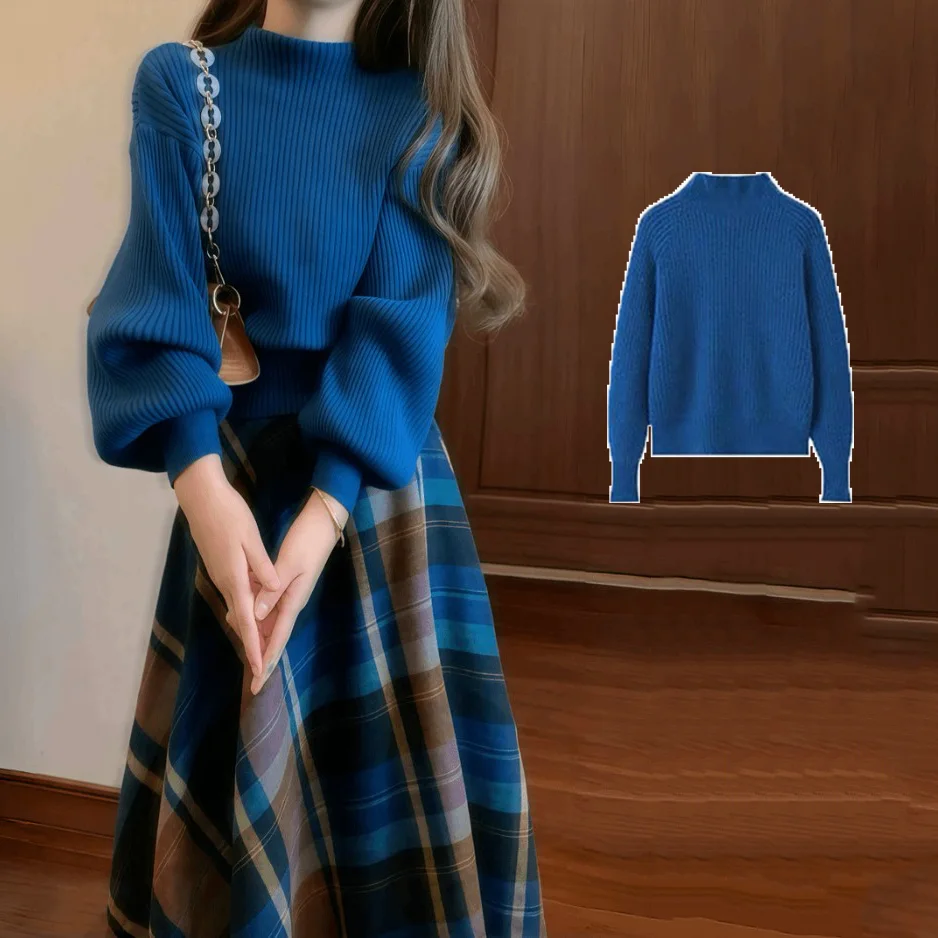 【單品可選】經典復古套裝 秋冬氣質小香風優雅半高領針織上衣+格紋半身裙兩件套