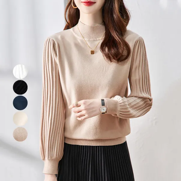 秋冬寬鬆高領上衣針織內搭泡泡袖保暖修身毛衣