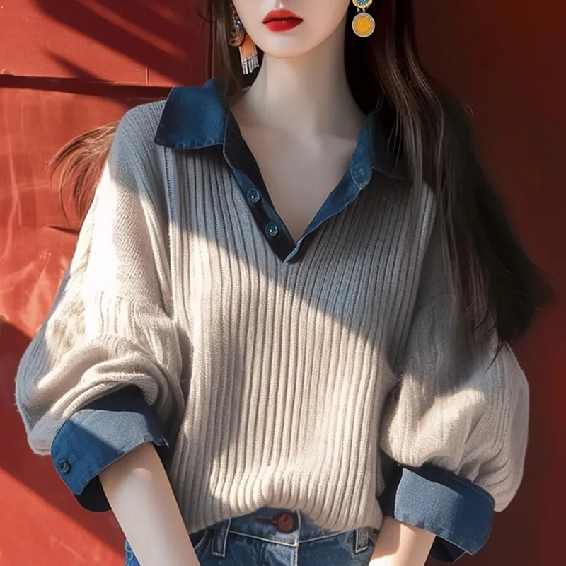 秋冬韓系慵懶風灰色翻領針織上衣