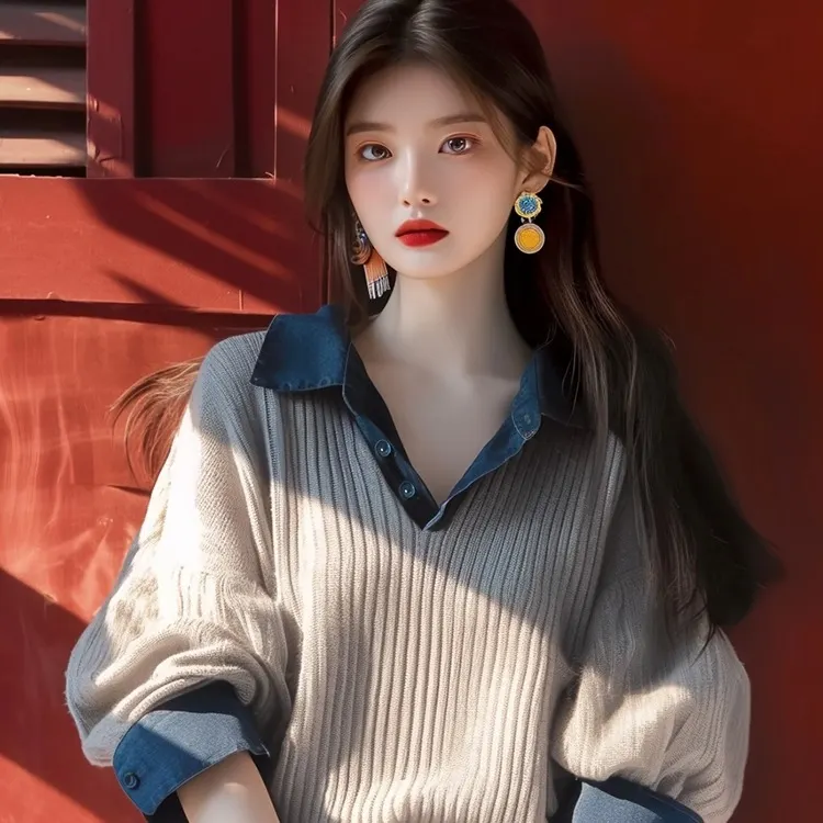 秋冬韓系慵懶風灰色翻領針織上衣