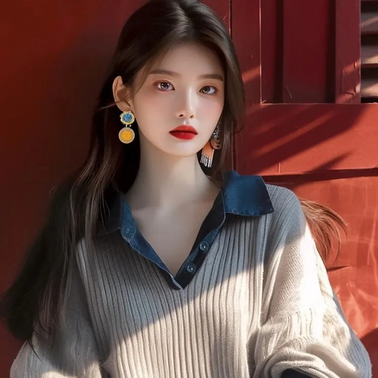 秋冬韓系慵懶風灰色翻領針織上衣