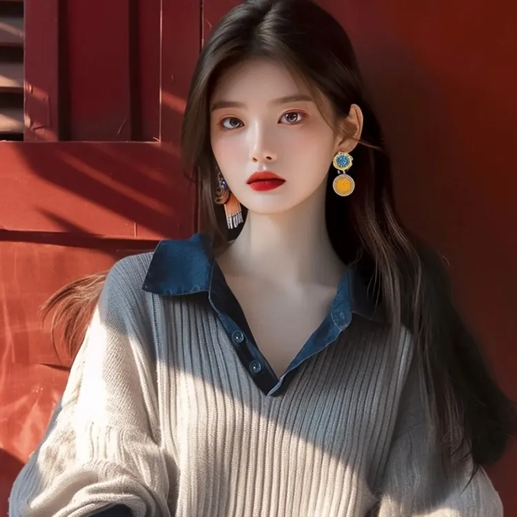 秋冬韓系慵懶風灰色翻領針織上衣